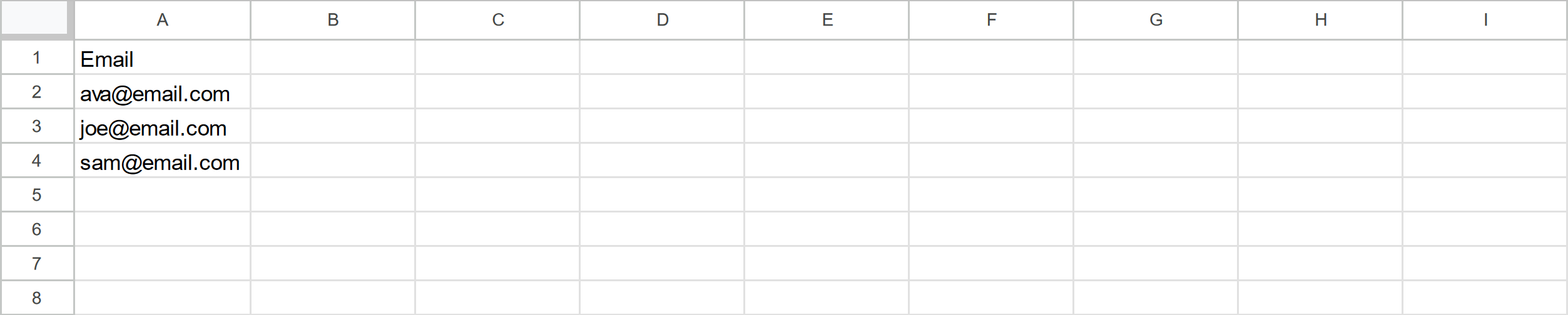 Email addresses added to the first column of the spreadsheet, under the header "Email"