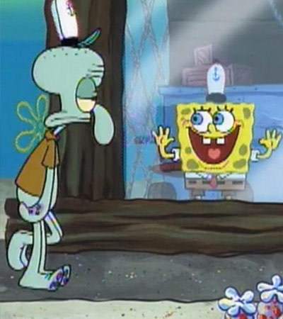 Sponebob looking excited at an annoyed Squidward walking by, this is what happens when you follow up without giving them a new compelling reason to reply